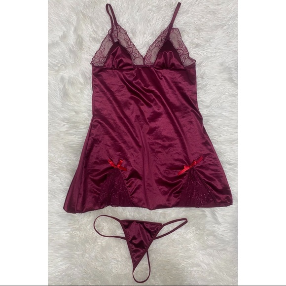 SHEIN | Satin Lace & Bows Babydoll Slip & G String Lingerie Maroon - Picture 6 of 14